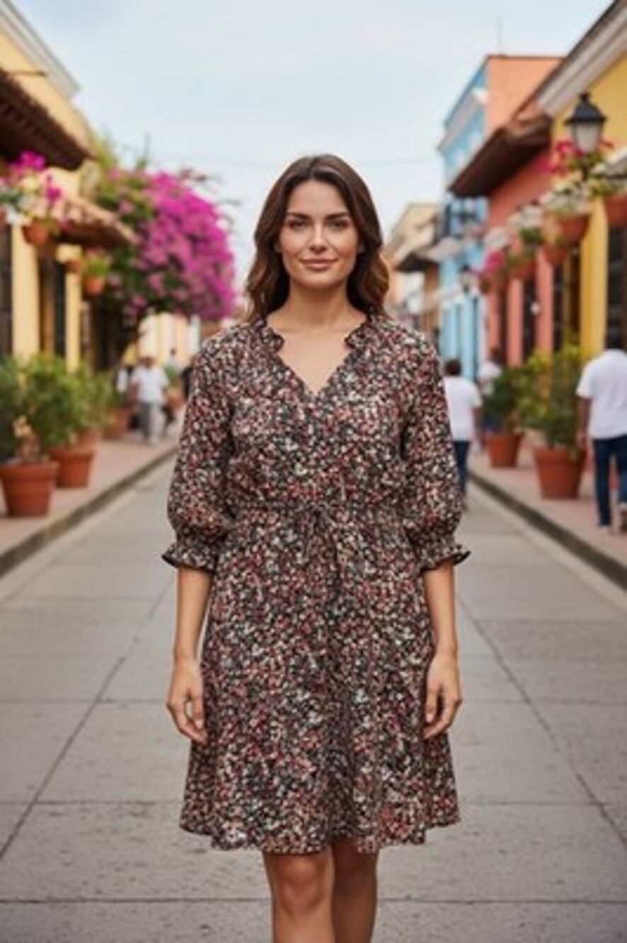 BloomChic V-Neck Midi Dress Black Floral Drawstring Cottage Core Boho Size 14-16